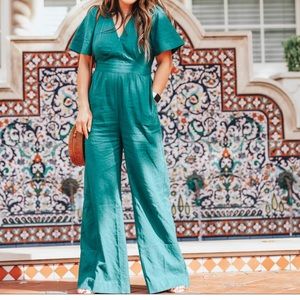 LOFT Blue and Green Jumpsuit with Belted Waist and Wide-Leg